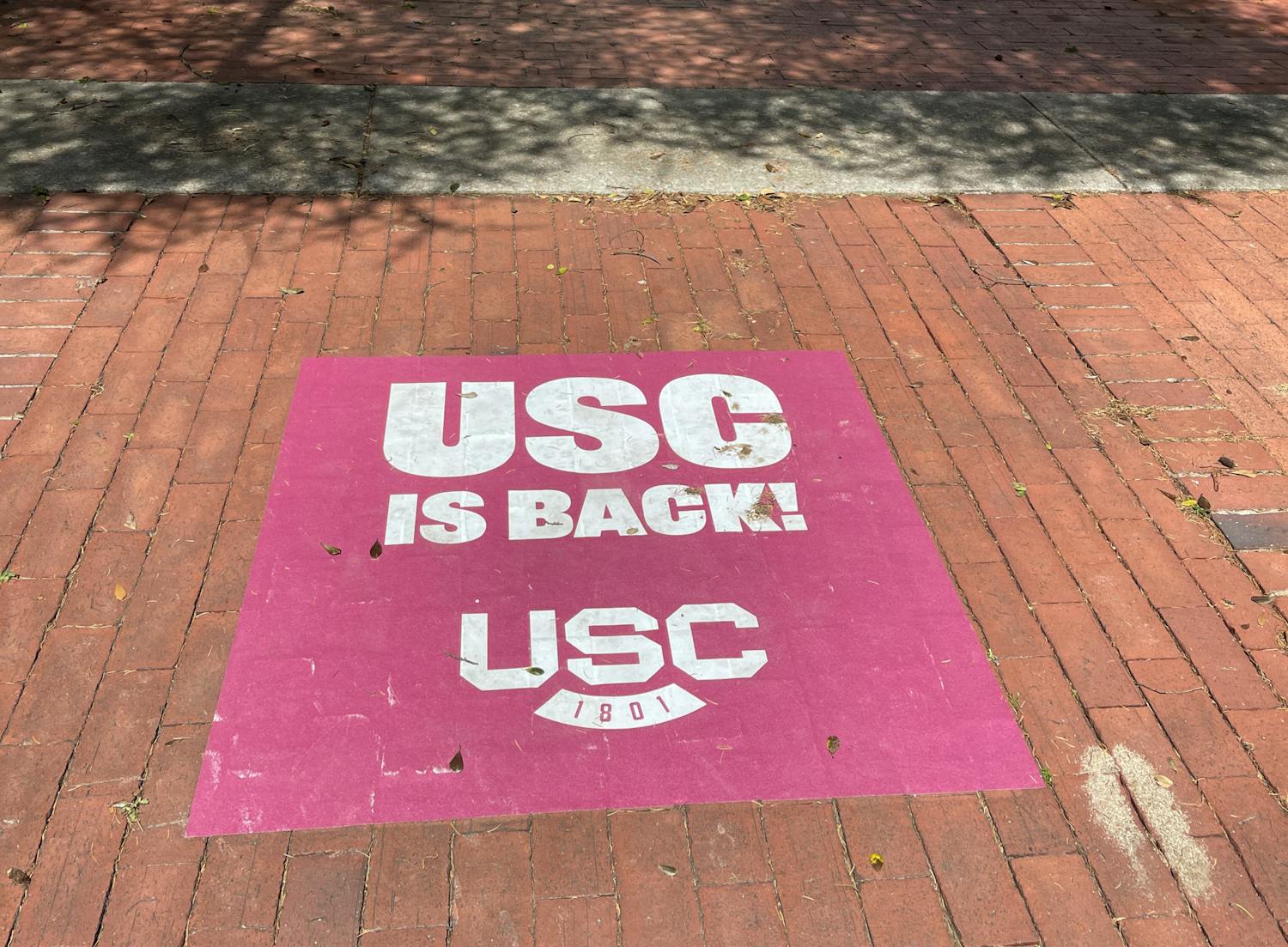 A ground decal in front of the Osborne Administration building on March 29, 2023. The decal displays the university’s new spirit mark. 