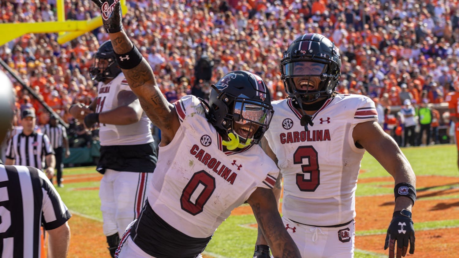 Junior tight end Jaheim Bell and junior wide receiver Antwane Wells Jr. celebrate after a touchdown on Nov. 26, 2022. The Gamecocks defeated Clemson 31-30 at Memorial Stadium.