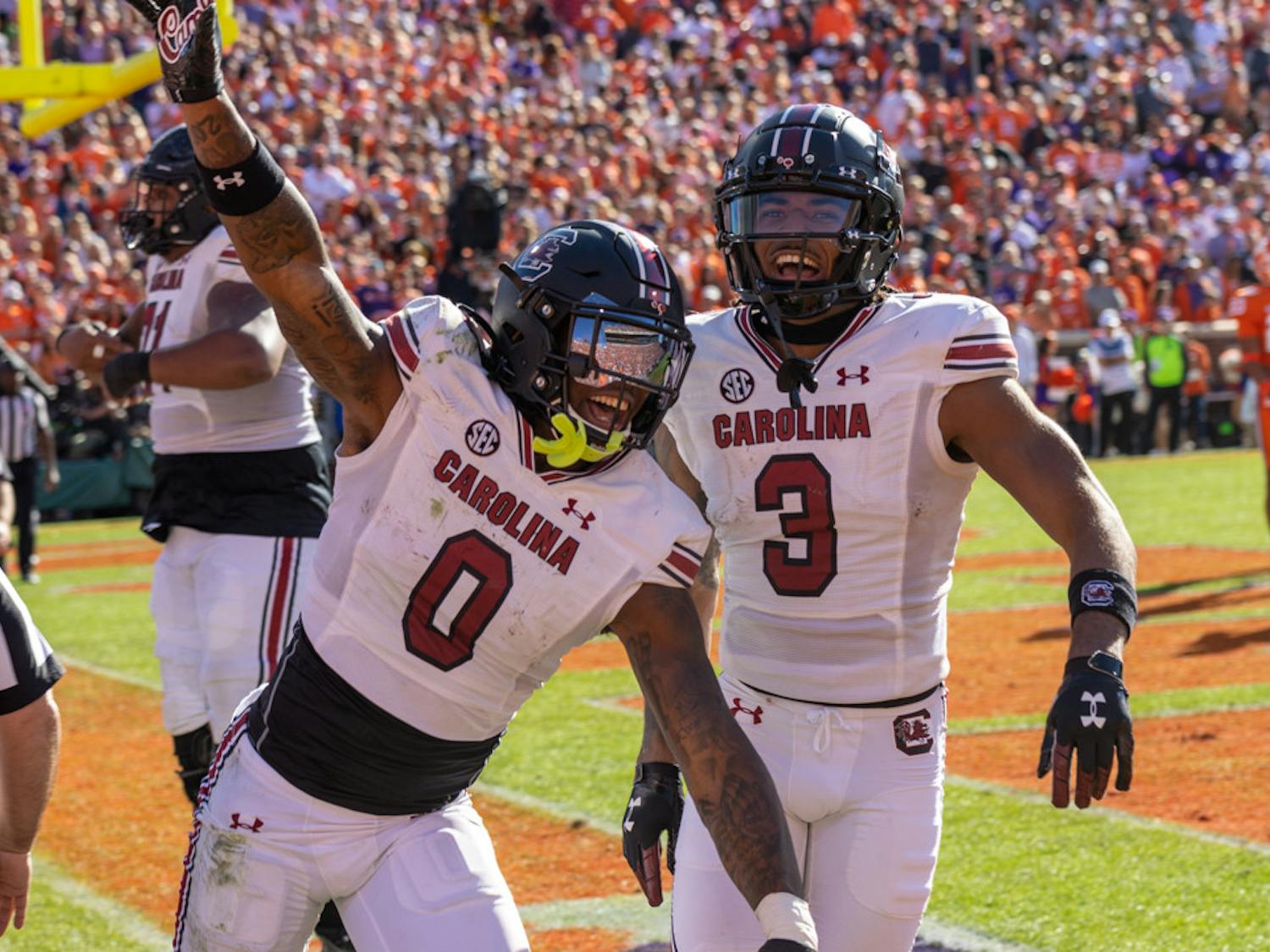 Junior tight end Jaheim Bell and junior wide receiver Antwane Wells Jr. celebrate after a touchdown on Nov. 26, 2022. The Gamecocks defeated Clemson 31-30 at Memorial Stadium.