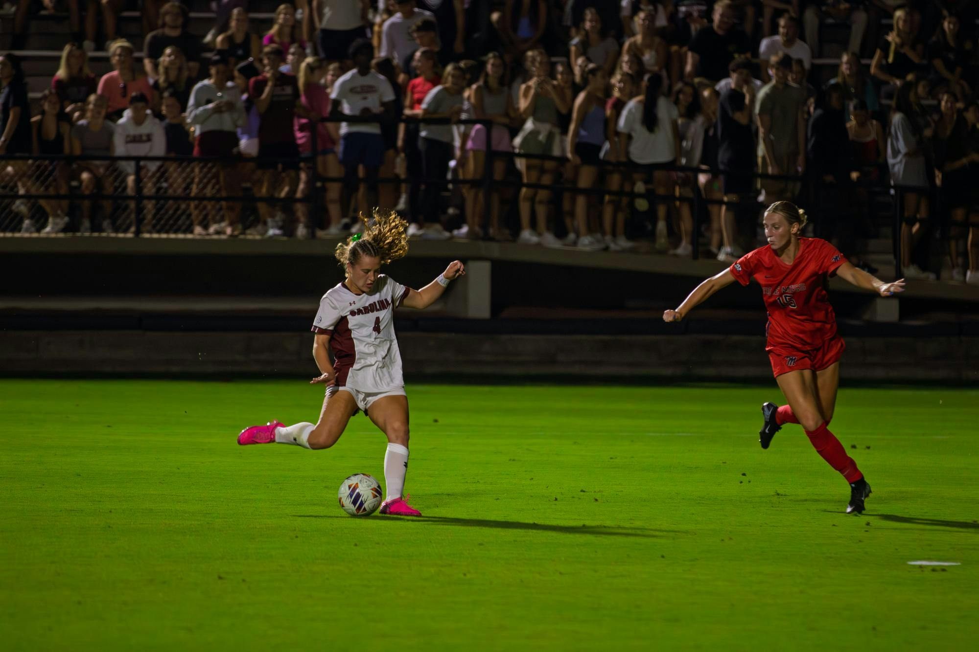 FILE — Sophomore forward Katie Shea Collins winding up moments before she scores her third goal of the match against Ole Miss at Eugene E. Stone III Stadium on Sept. 18, 2025. Collins scored the hat trick in the first half.