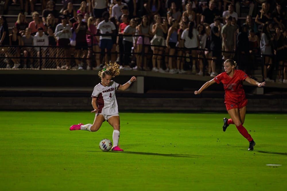 <p>FILE — Sophomore forward Katie Shea Collins winding up moments before she scores her third goal of the match against Ole Miss at Eugene E. Stone III Stadium on Sept. 18, 2025. Collins scored the hat trick in the first half.</p>