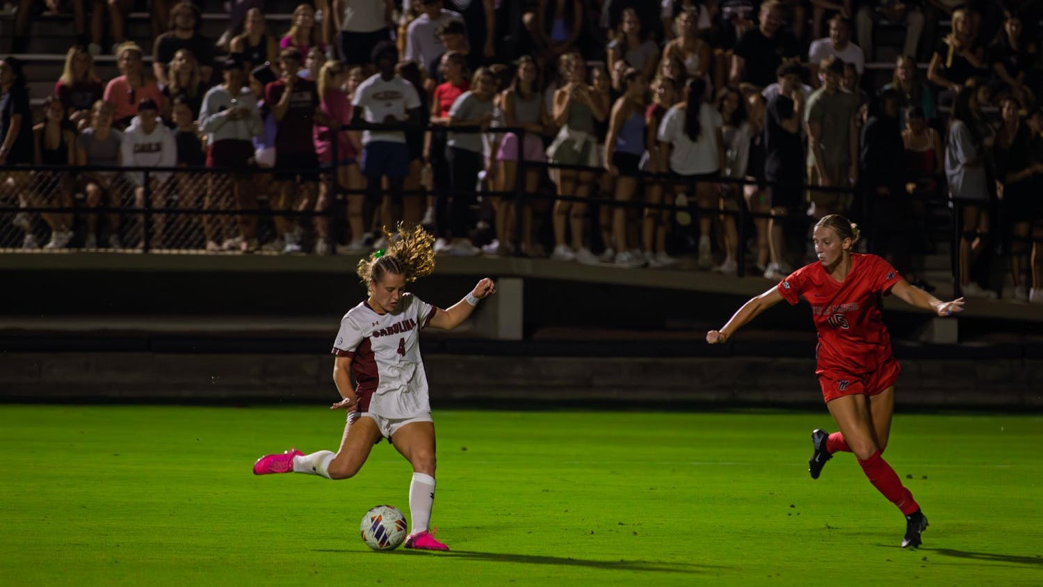 FILE — Sophomore forward Katie Shea Collins winding up moments before she scores her third goal of the match against Ole Miss at Eugene E. Stone III Stadium on Sept. 18, 2025. Collins scored the hat trick in the first half.