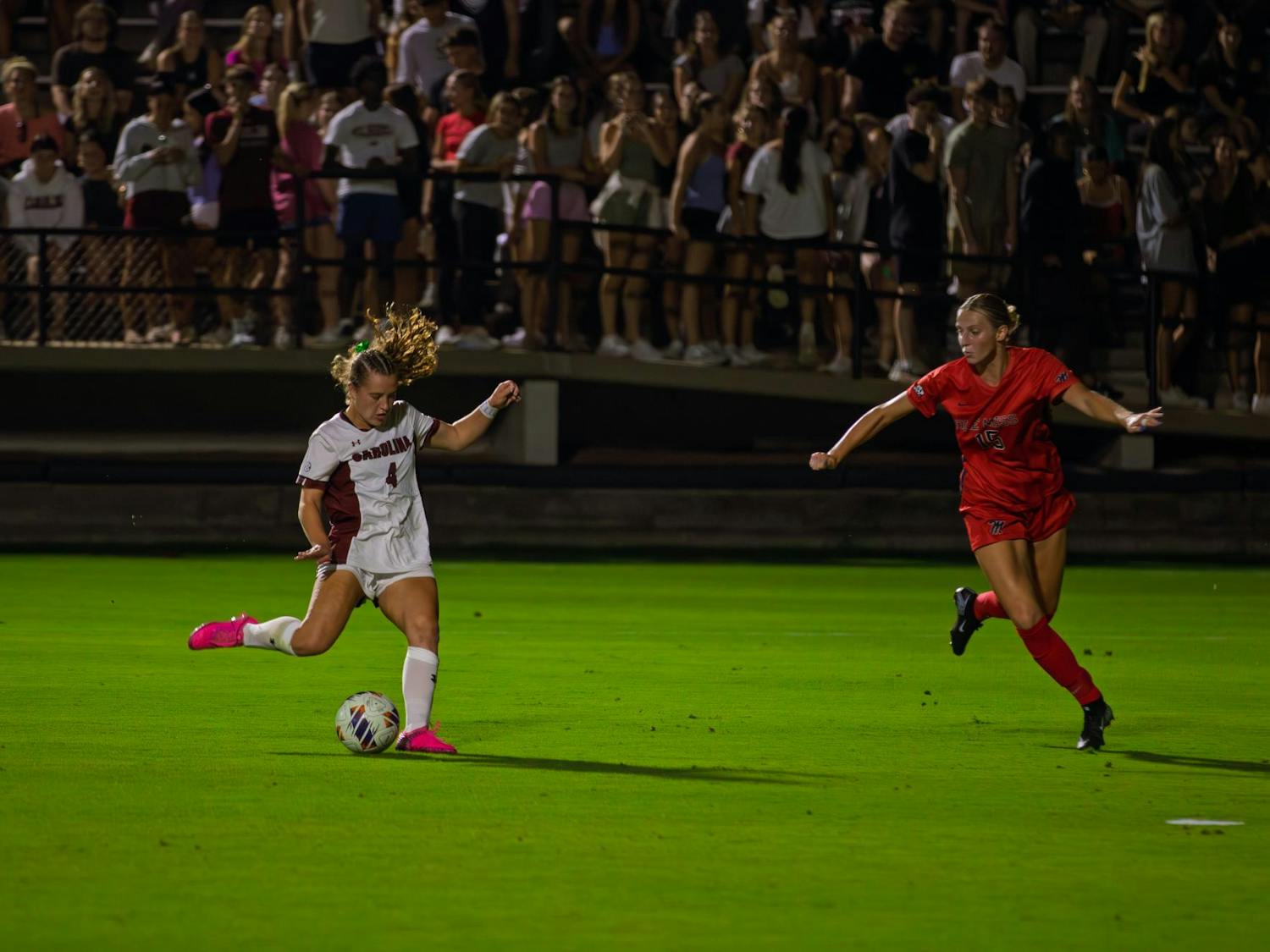 FILE — Sophomore forward Katie Shea Collins winding up moments before she scores her third goal of the match against Ole Miss at Eugene E. Stone III Stadium on Sept. 18, 2025. Collins scored the hat trick in the first half.