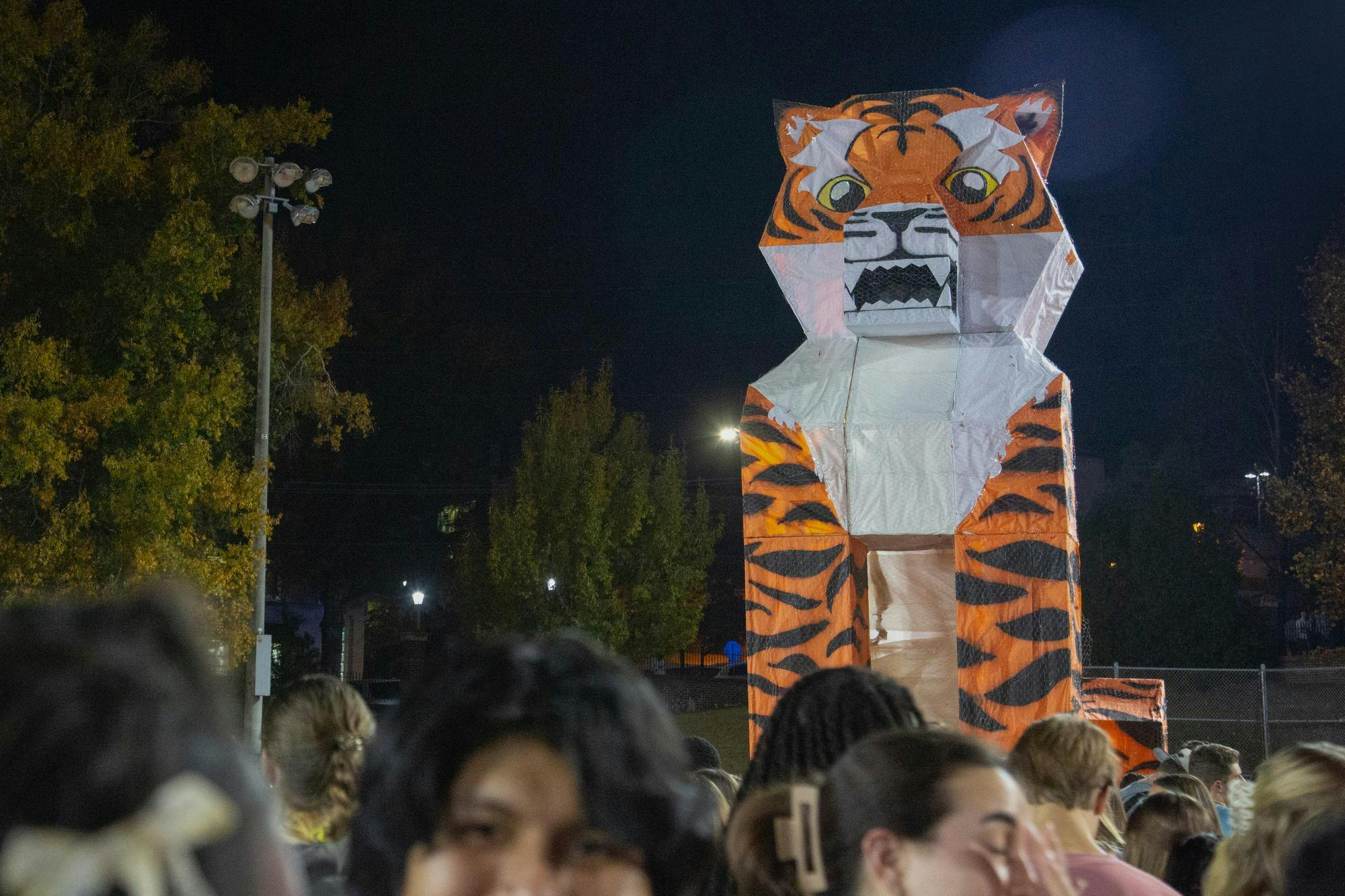 South Carolina’s “tiger” towers over students on the Blatt Field for this year’s Tiger Burn on Nov. 19, 2025. The structure is designed and built by the USC student chapter of the American Society of Mechanical Engineers every year.