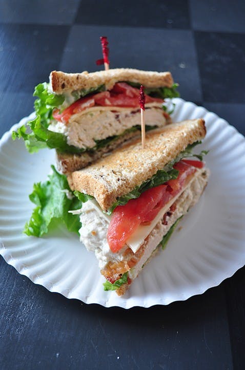 Chicken Salad Club with crispy bacon strips