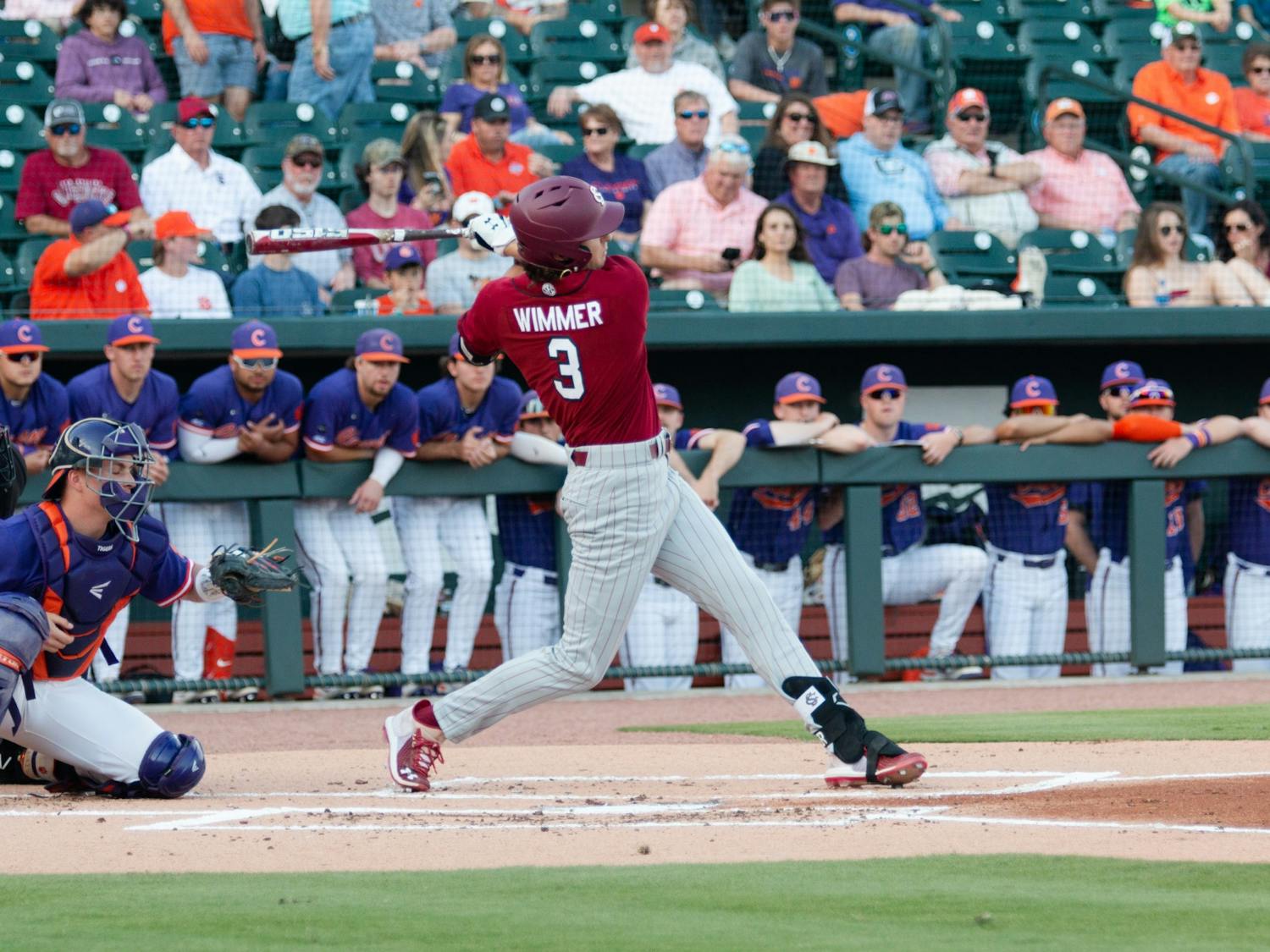 FILE—Senior infielder Braylen Wimmer bats in the first inning during a game on March 5, 2022. The Gamecocks fell 2-10 in the second game of the series against Clemson. 