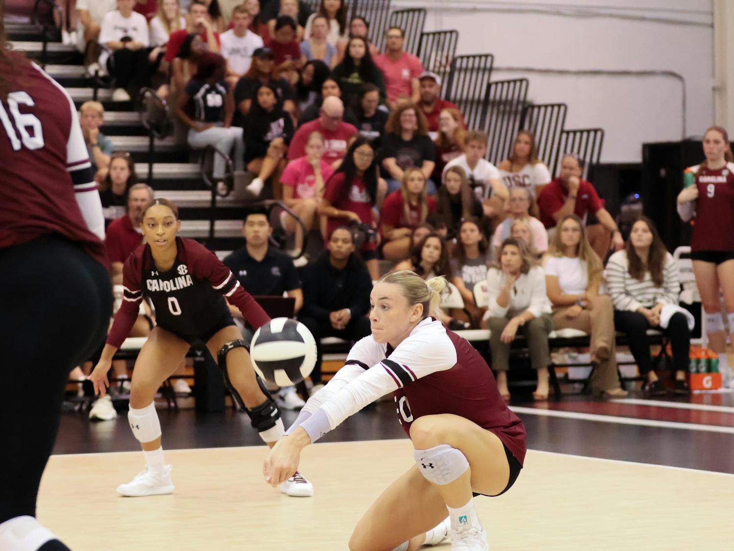 Graduate outside hitter Riley Whitesides bumps the ball against Wake Forest. Gamecock Volleyball played Wake Forest on Sept. 15 at Carolina Volleyball Center in Columbia, South Carolina.
