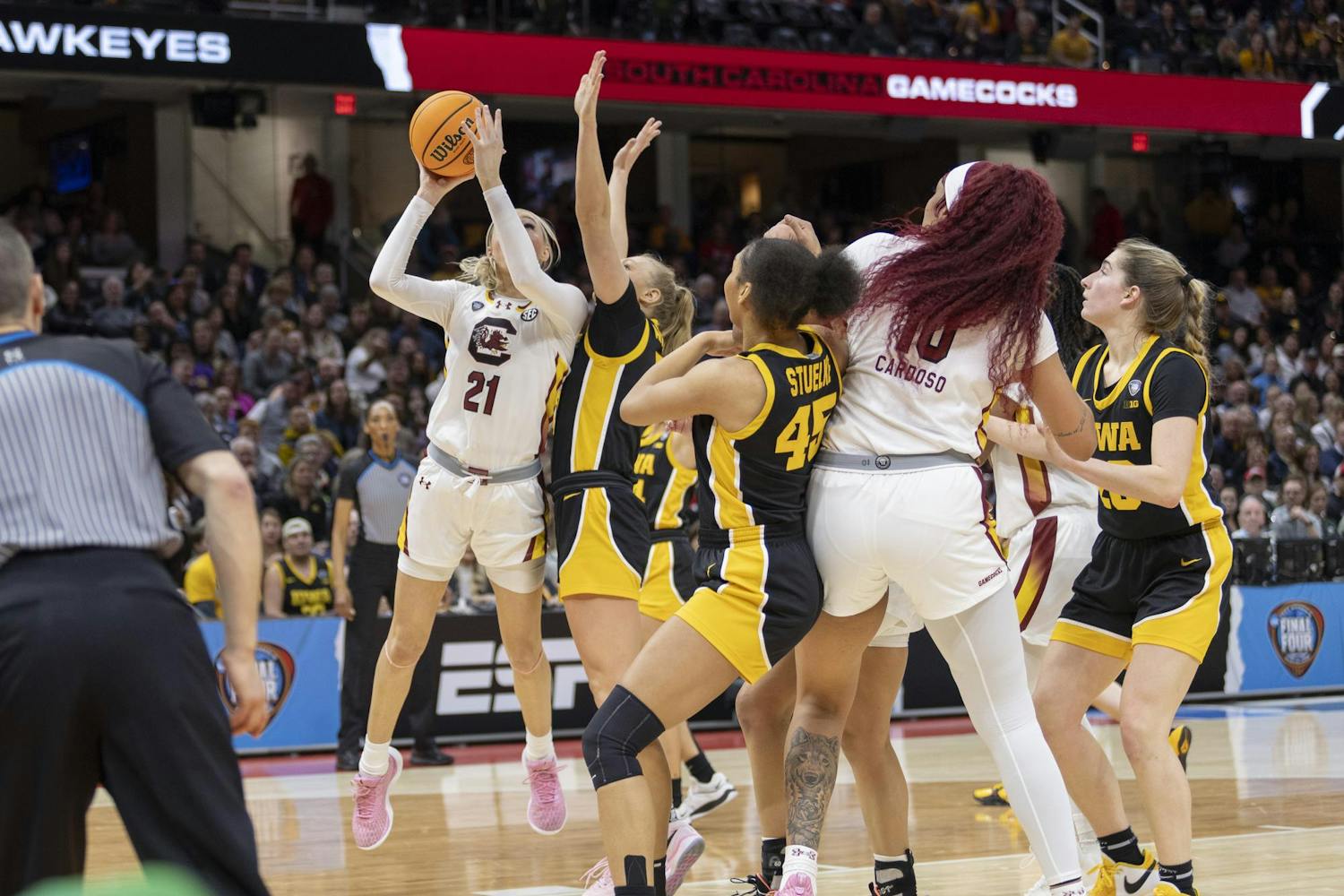 Sophomore forward Chloe Kitts attempts a layup as the Gamecocks earn a national championship by defeating the Iowa Hawkeyes 87-75.