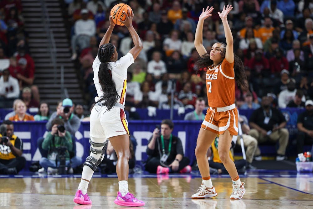 <p>Senior guard Ta’Niya Latson is heavily guarded by Texas sophomore guard Jordan Lee at the 3-point line, looking for an open teammate again Texas on March 8, 2026, at Bon Secours Wellness Arena. The Gamecocks fell short at the Women’s SEC Tournament championship 78-61.</p>
