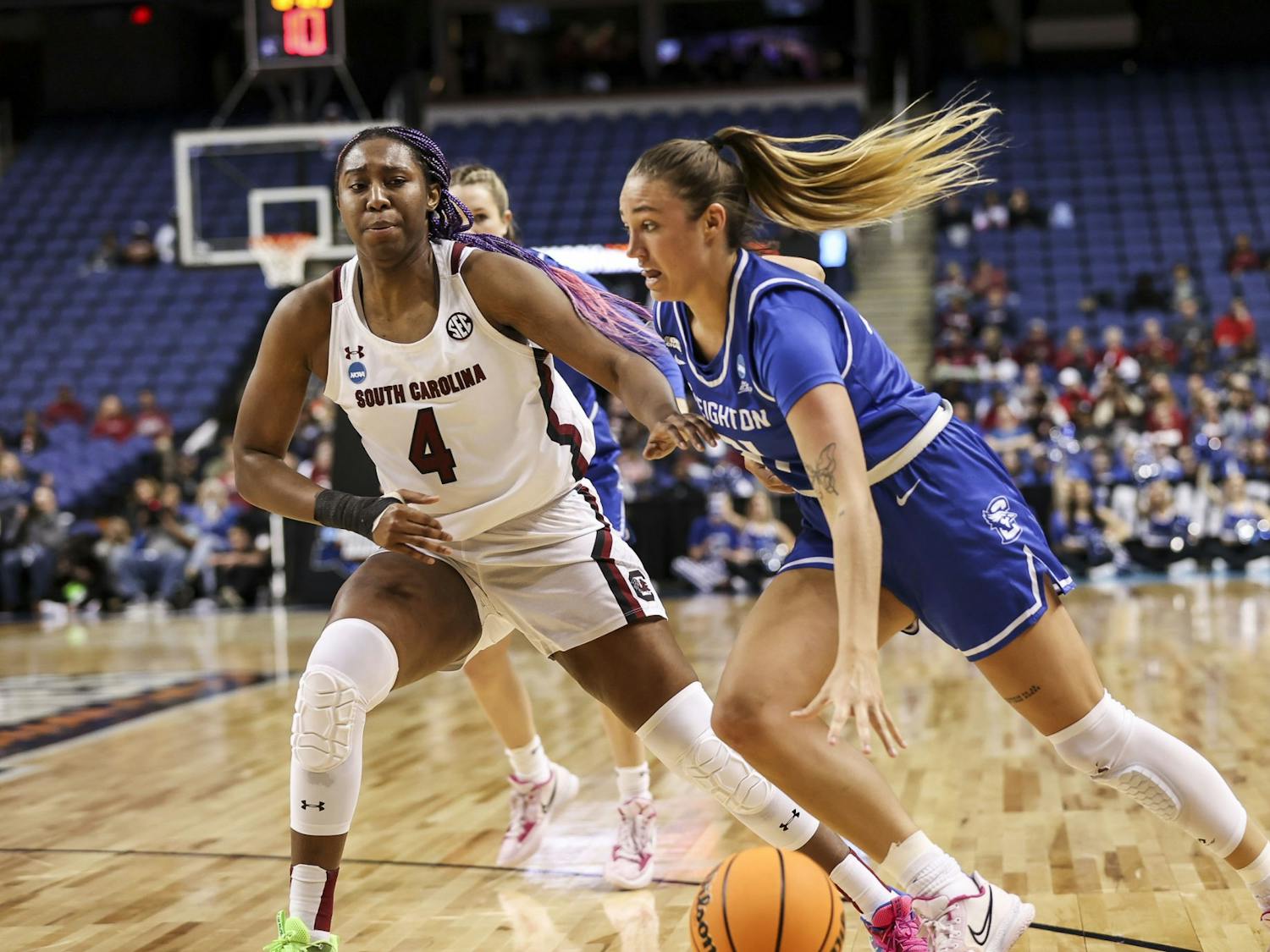 Junior forward Aliyah Boston defending during the first quarter of South Carolina's 80-50 victory over Creighton during the Elite Eight on Sunday, March 27, 2022. The win propelled the team to the Final Four.&nbsp;