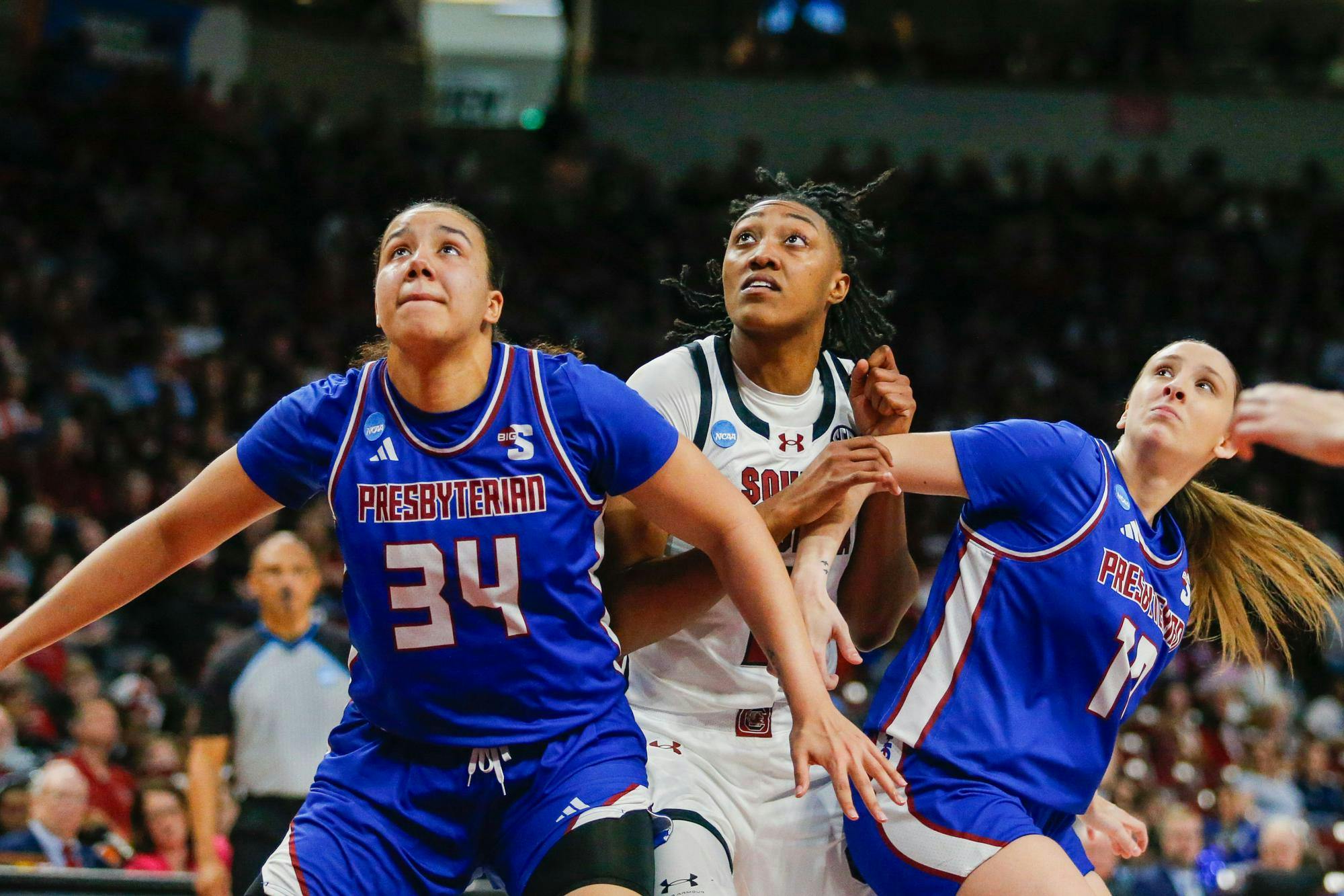 FILE — Then sophomore forward Ashlyn Watkins watches for the rebound during South Carolina’s game against Presbyterian in round one of the 2024 NCAA Women’s Tournament on March 22, 2024 at Colonial Life Arena. Watkins was arrested and charged with assault and kidnapping on Saturday.