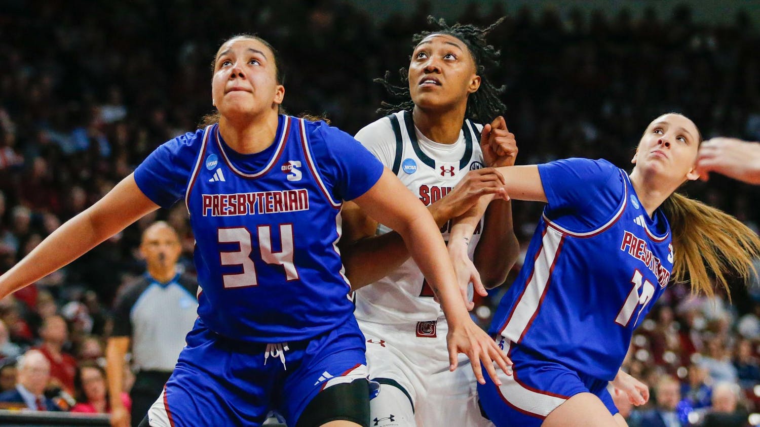 FILE — Then sophomore forward Ashlyn Watkins watches for the rebound during South Carolina’s game against Presbyterian in round one of the 2024 NCAA Women’s Tournament on March 22, 2024 at Colonial Life Arena. Watkins was arrested and charged with assault and kidnapping on Saturday.