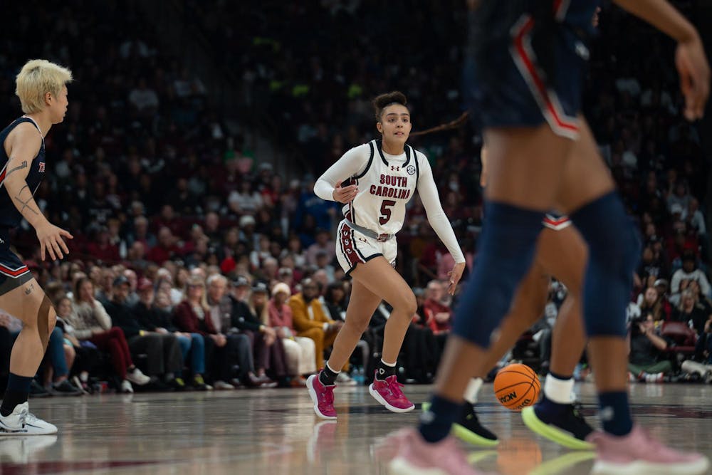 <p>FILE —&nbsp;Junior guard Tessa Johnson dribbles down the court during the matchup against the Auburn Tigers on Jan. 29, 2025.</p>