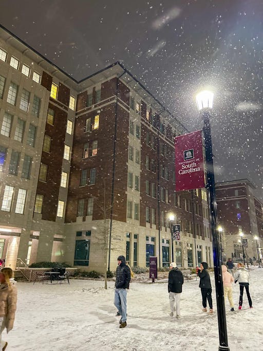 A line of people walk through a light layer of snow covering the ground. A brick building is in the background with lights on. Snow is falling from the sky.