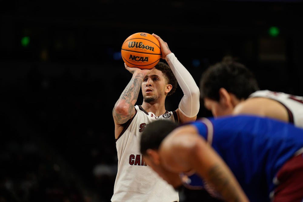 <p>Graduate guard Myles Stute shoots a pair of free throws after getting fouled against Presbyterian College at Colonial Life Arena on Nov. 12, 2025. Stute finished the game with 11 points, three assists and five rebounds.</p>