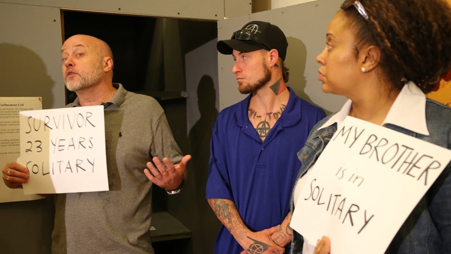 Brian Nelson, left, who spent 23 years in solitary confinement, speaks about his time in solitary confinement on June 24, 2015, during a press conference regarding the class action lawsuit filed on behalf of prisoners against the Illinois Department of Corrections for its overuse and misuse of solitary confinement in Illinois prisons in Chicago. Center is Mark Neiweem, who spent 5 months in solitary confinement, and Latonia Walker who has a brother in solitary confinement. (Antonio Perez/Chicago Tribune/TNS)