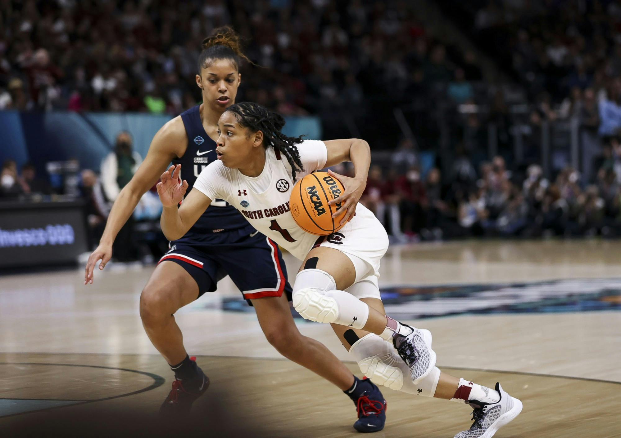 Junior guard Zia Cooke drives the ball inside the paint during the third quarter of South Carolina's 64-49 victory over University of Connecticut, winning the 2022 National Championship on April 4, 2022.