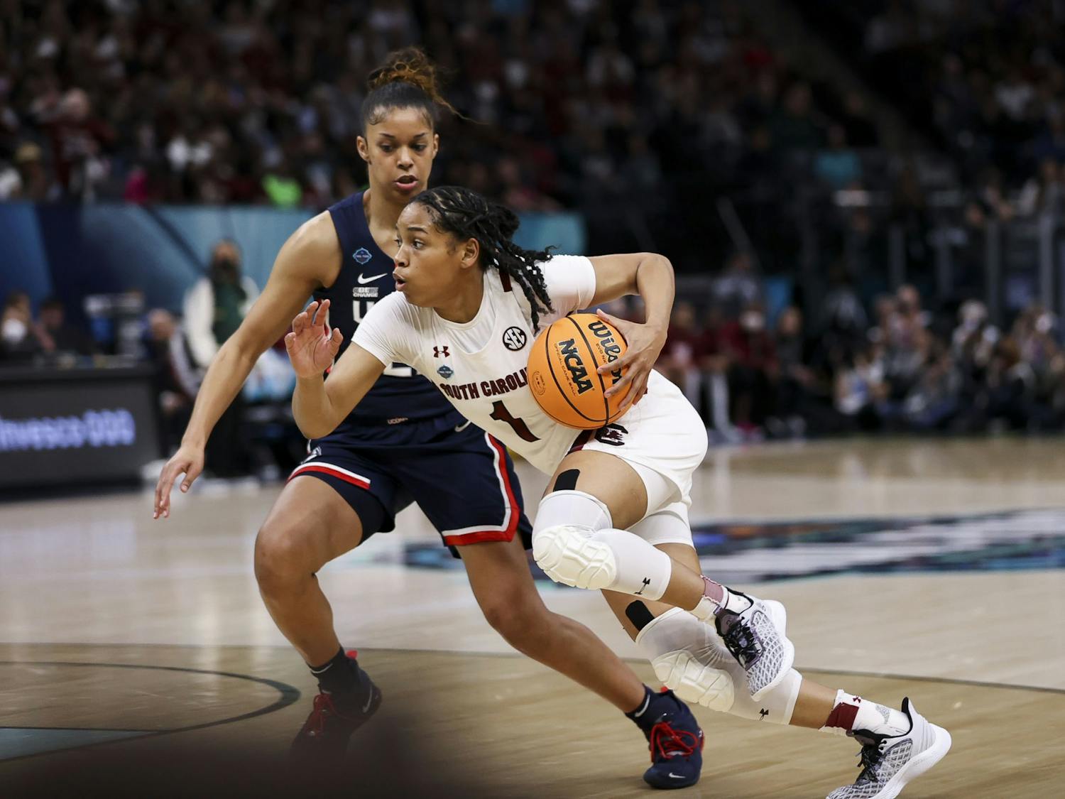 Junior guard Zia Cooke drives the ball inside the paint during the third quarter of South Carolina's 64-49 victory over University of Connecticut, winning the 2022 National Championship on April 4, 2022.