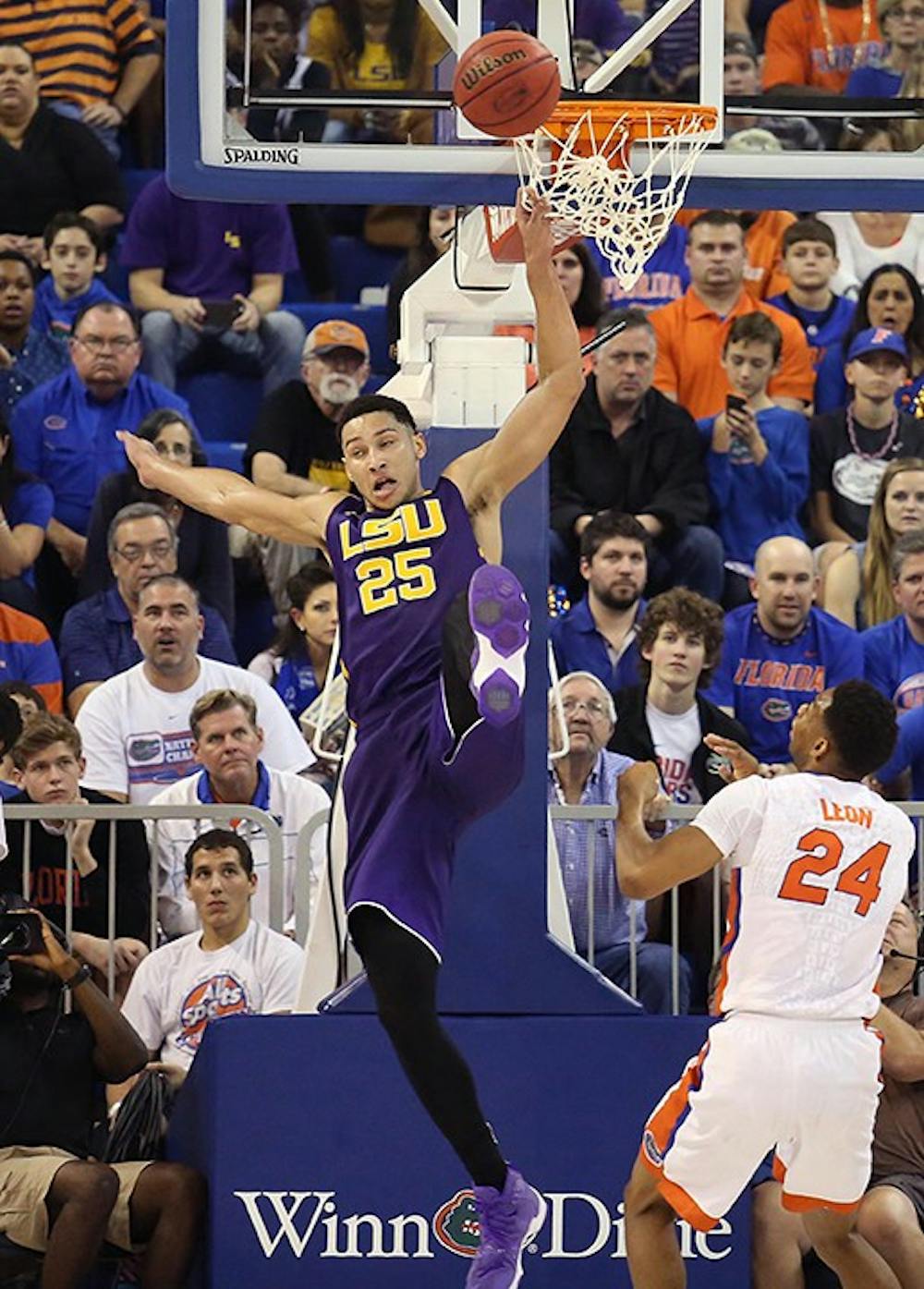 LSU&apos;s Ben Simmons (25) leaps for a rebound against Florida at the Stephen C. O&apos;Connell Center in Gainesville, Fla., on Saturday, Jan. 9, 2016. Florida won, 68-62. (Stephen M. Dowell/Orlando Sentinel/TNS)