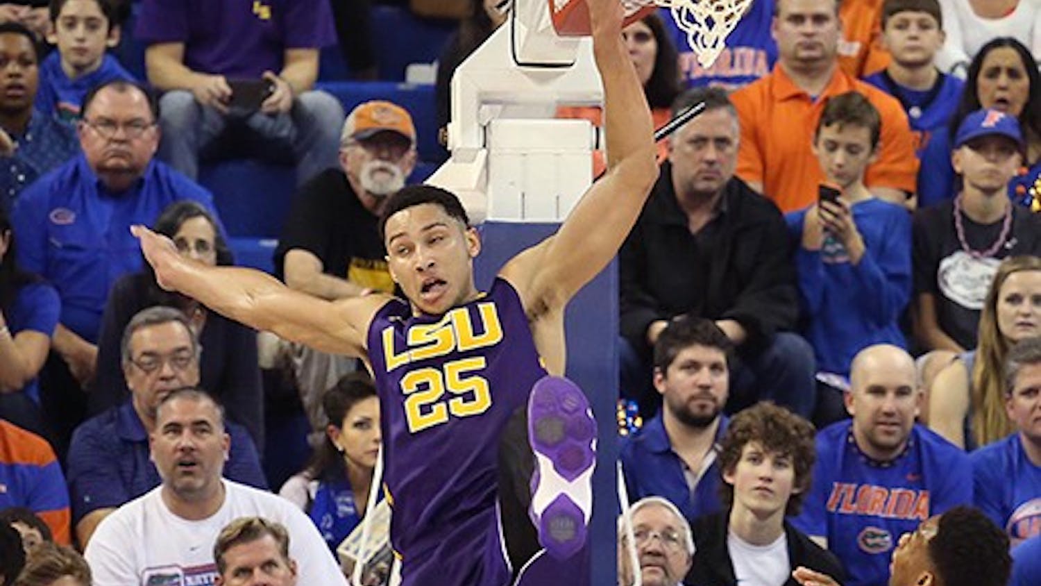 LSU's Ben Simmons (25) leaps for a rebound against Florida at the Stephen C. O'Connell Center in Gainesville, Fla., on Saturday, Jan. 9, 2016. Florida won, 68-62. (Stephen M. Dowell/Orlando Sentinel/TNS)