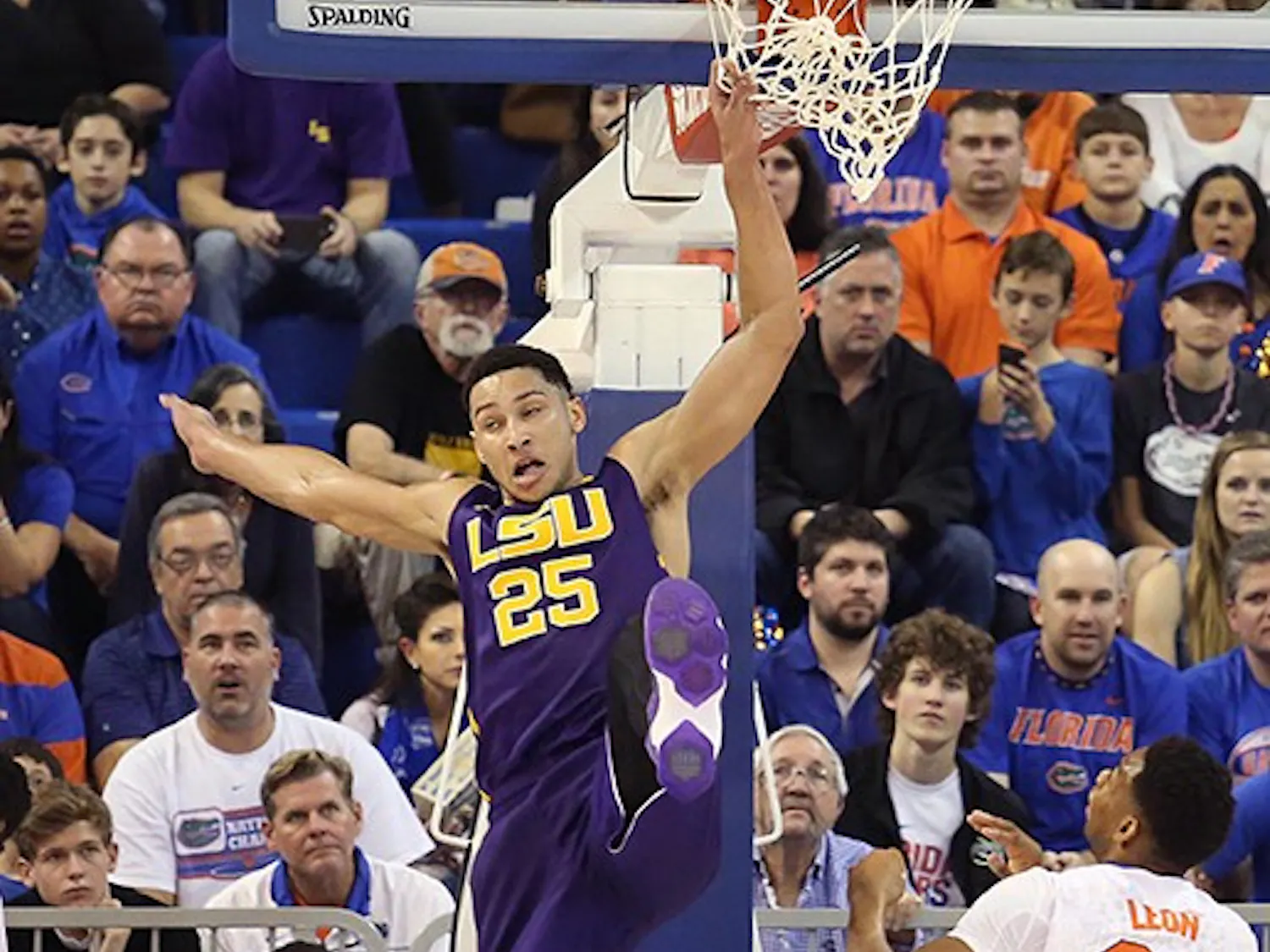 LSU's Ben Simmons (25) leaps for a rebound against Florida at the Stephen C. O'Connell Center in Gainesville, Fla., on Saturday, Jan. 9, 2016. Florida won, 68-62. (Stephen M. Dowell/Orlando Sentinel/TNS)