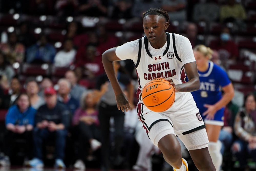 <p>Freshman forward Sahnya Jah runs the length of the court on a fastbreak to score a transition layup against South Dakota State on Nov. 20, 2023. Jah is averaging 3.8 points in her first year with the Gamecocks.</p>