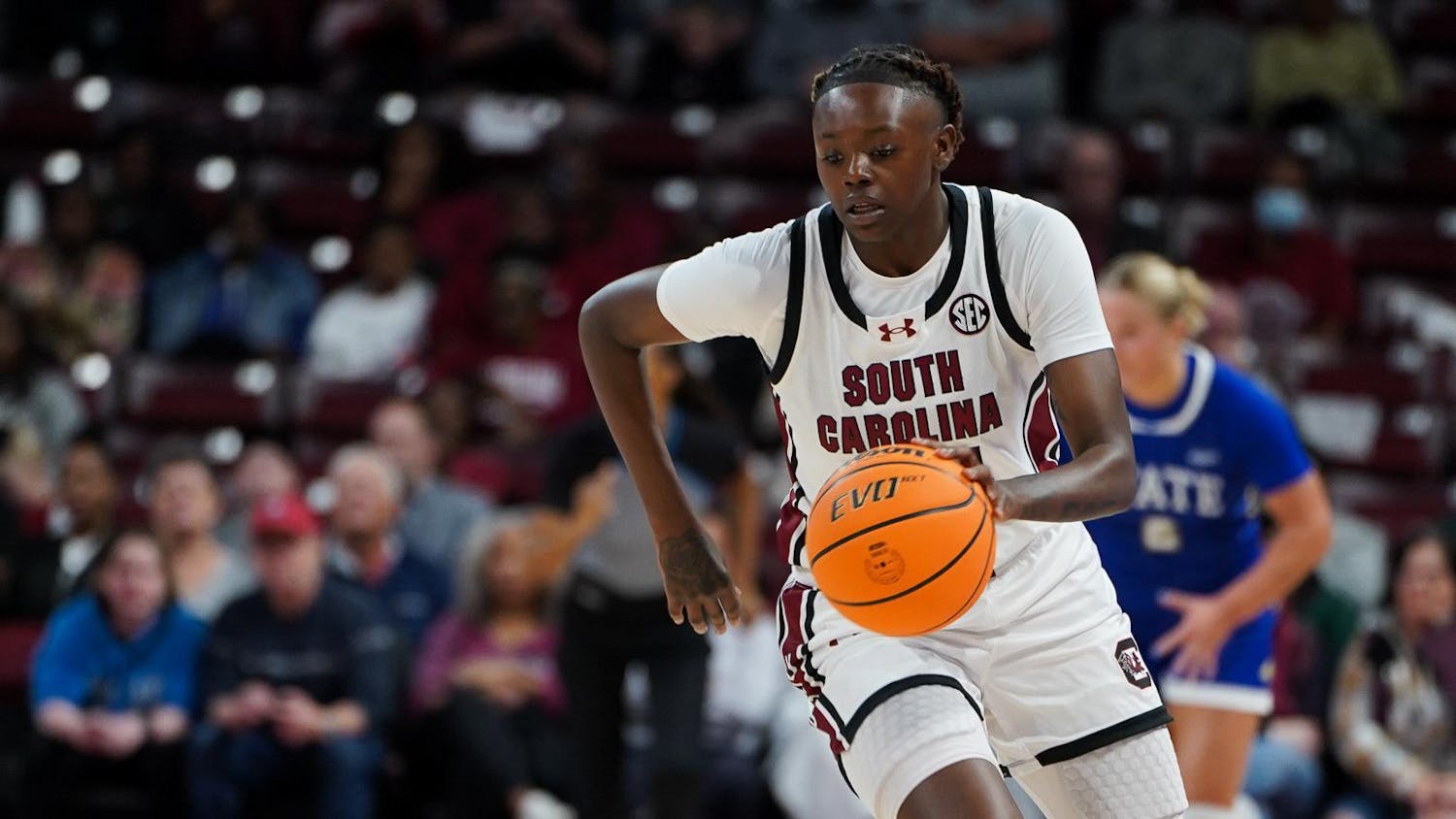 Freshman forward Sahnya Jah runs the length of the court on a fastbreak to score a transition layup against South Dakota State on Nov. 20, 2023. Jah is averaging 3.8 points in her first year with the Gamecocks.