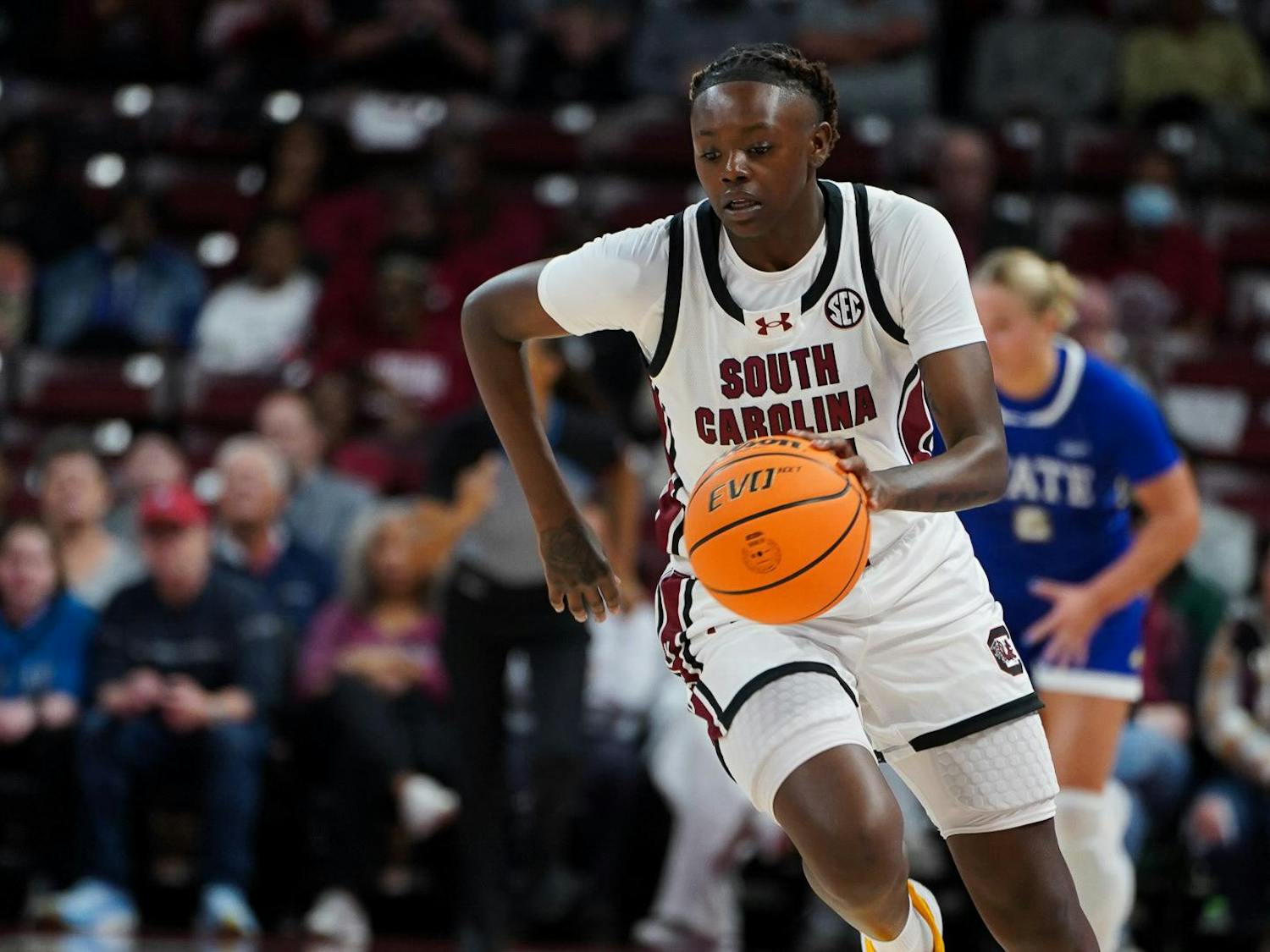 Freshman forward Sahnya Jah runs the length of the court on a fastbreak to score a transition layup against South Dakota State on Nov. 20, 2023. Jah is averaging 3.8 points in her first year with the Gamecocks.