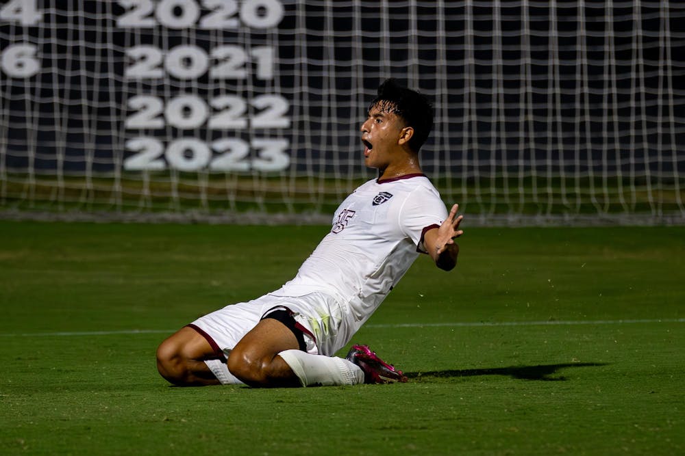 <p>Sophomore midfielder Alejandro Velazquez-Lopez celebrates after scoring a goal against Charlotte on Sept. 5, 2025, at Stone Stadium. The Gamecocks defeated the 49ers 2-1, improving to 3-2 on the season.</p>