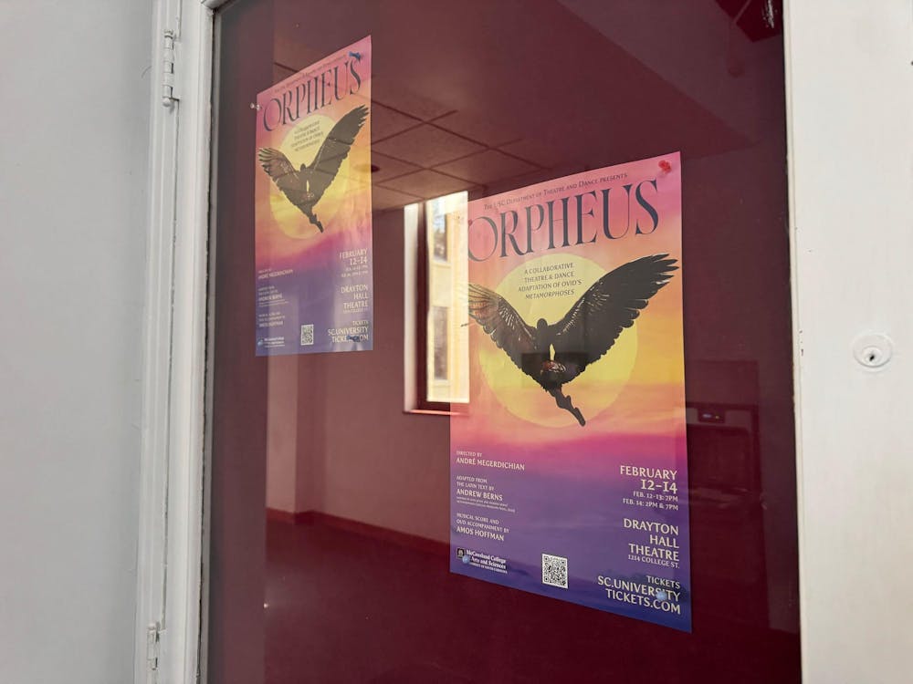 <p>Posters advertising "Orpheus" hang outside the Drayton Hall Theatre on Feb. 9, 2026. The play is set to open Feb. 12, 2026.</p>
