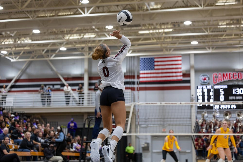 <p>Sophomore libero Victoria Harris serves the ball during a match against LSU on Nov. 8, 2025, at Carolina Volleyball Center. The Gamecocks lost to the Tigers 3-0, moving to 3-10 in conference play.</p>