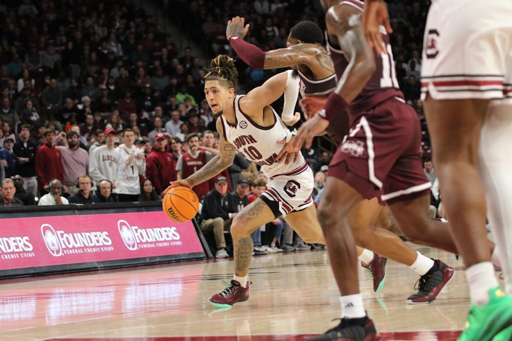 <p>FILE — Junior guard Myles Stute drives past his defender during South Carolina's game against Mississippi State on Jan. 6, 2024. Stute finished the game with 15 points, contributing to the Gamecocks' 68-62 win against the Bulldogs.</p>