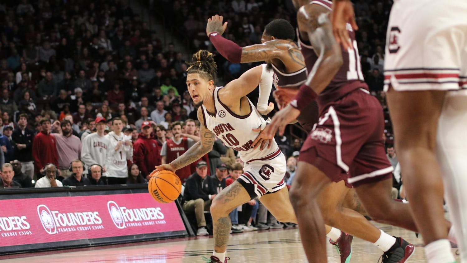 FILE — Junior guard Myles Stute drives past his defender during South Carolina's game against Mississippi State on Jan. 6, 2024. Stute finished the game with 15 points, contributing to the Gamecocks' 68-62 win against the Bulldogs.