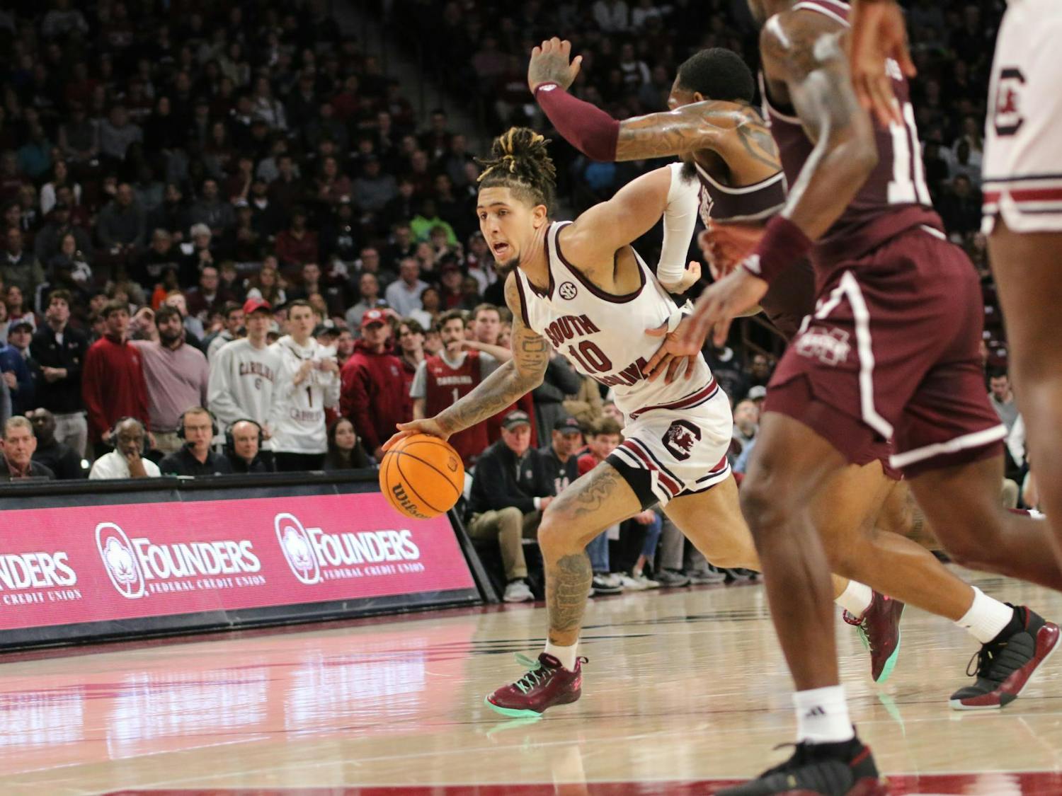 FILE — Junior guard Myles Stute drives past his defender during South Carolina's game against Mississippi State on Jan. 6, 2024. Stute finished the game with 15 points, contributing to the Gamecocks' 68-62 win against the Bulldogs.
