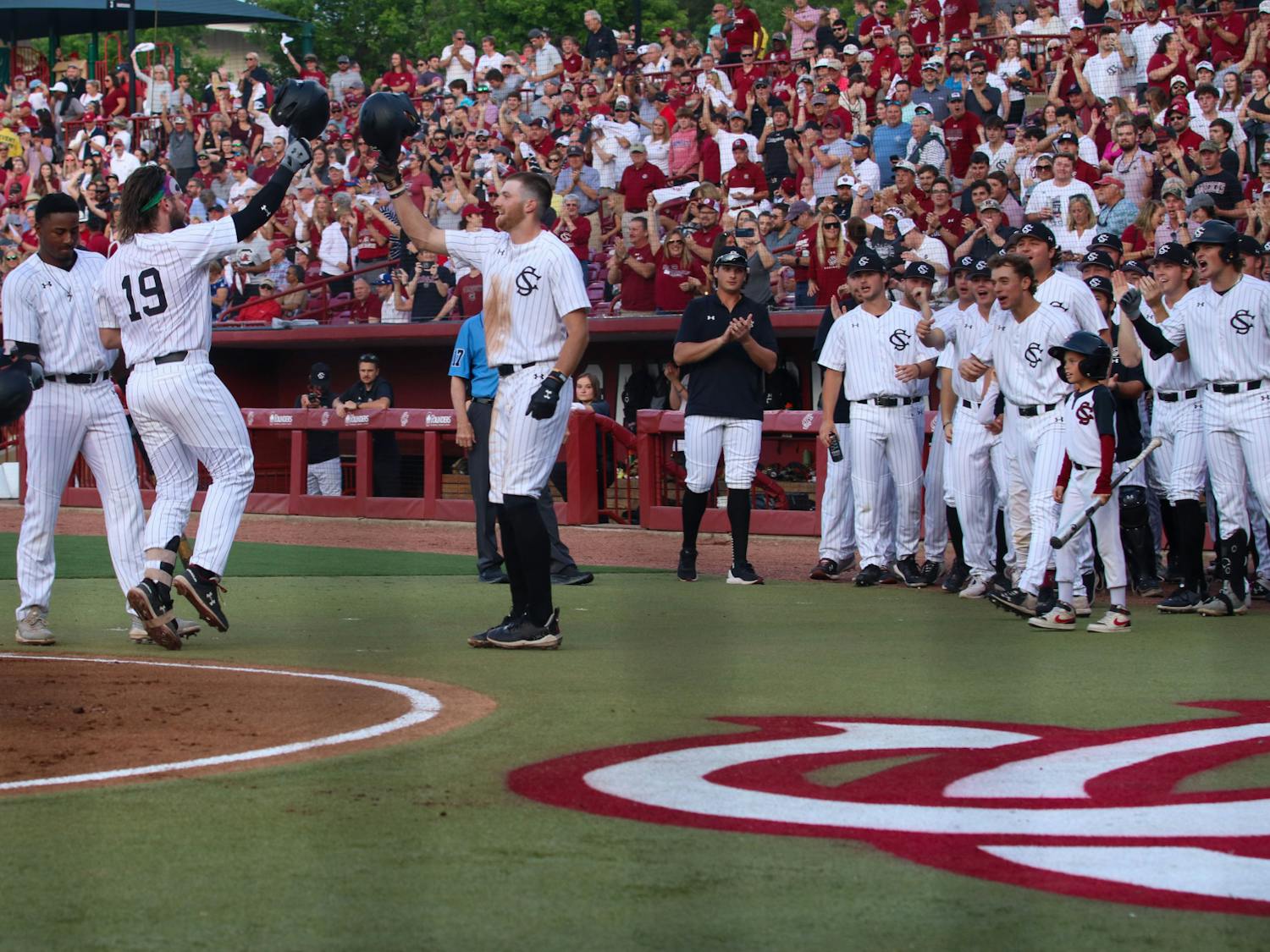Sophomore catcher Cole Messina celebrates hitting a two-run home run in the first inning against the Gators on April 21, 2023. South Carolina won 5-2, securing the series victory over Florida.