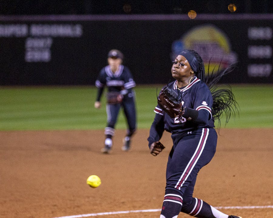 Senior pitcher Donnie Gobourne pitches the ball to LSU's batter during the second match of the doubleheader at Beckham Field on March 13, 2023. The Tigers beat the Gamecocks 5-1.