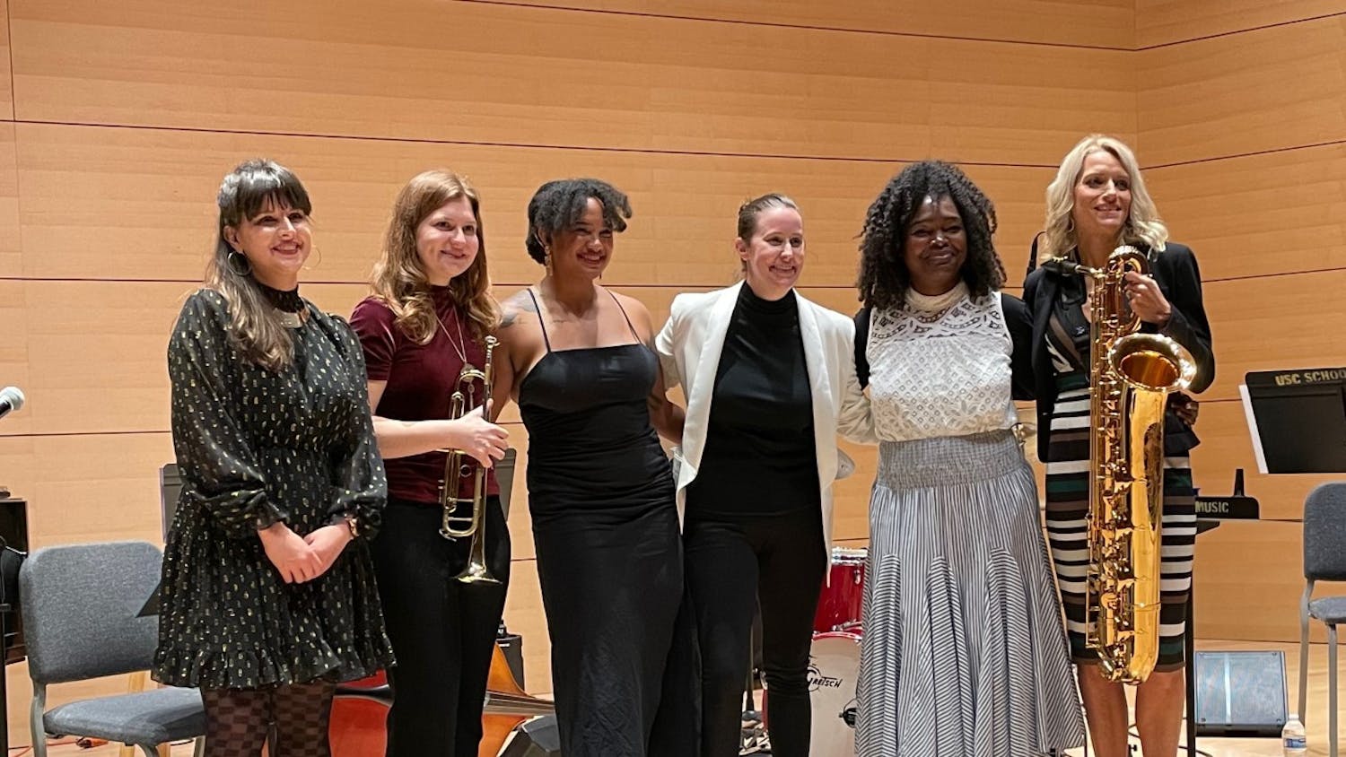 CC & The Adelitas members pictured after their live debut concert on Oct. 25, 2021, at the Darla Moore School of Business Johnson Performance Hall. The all-female, professor-led band represents intersectionality and embraces Mexican culture in jazz music.