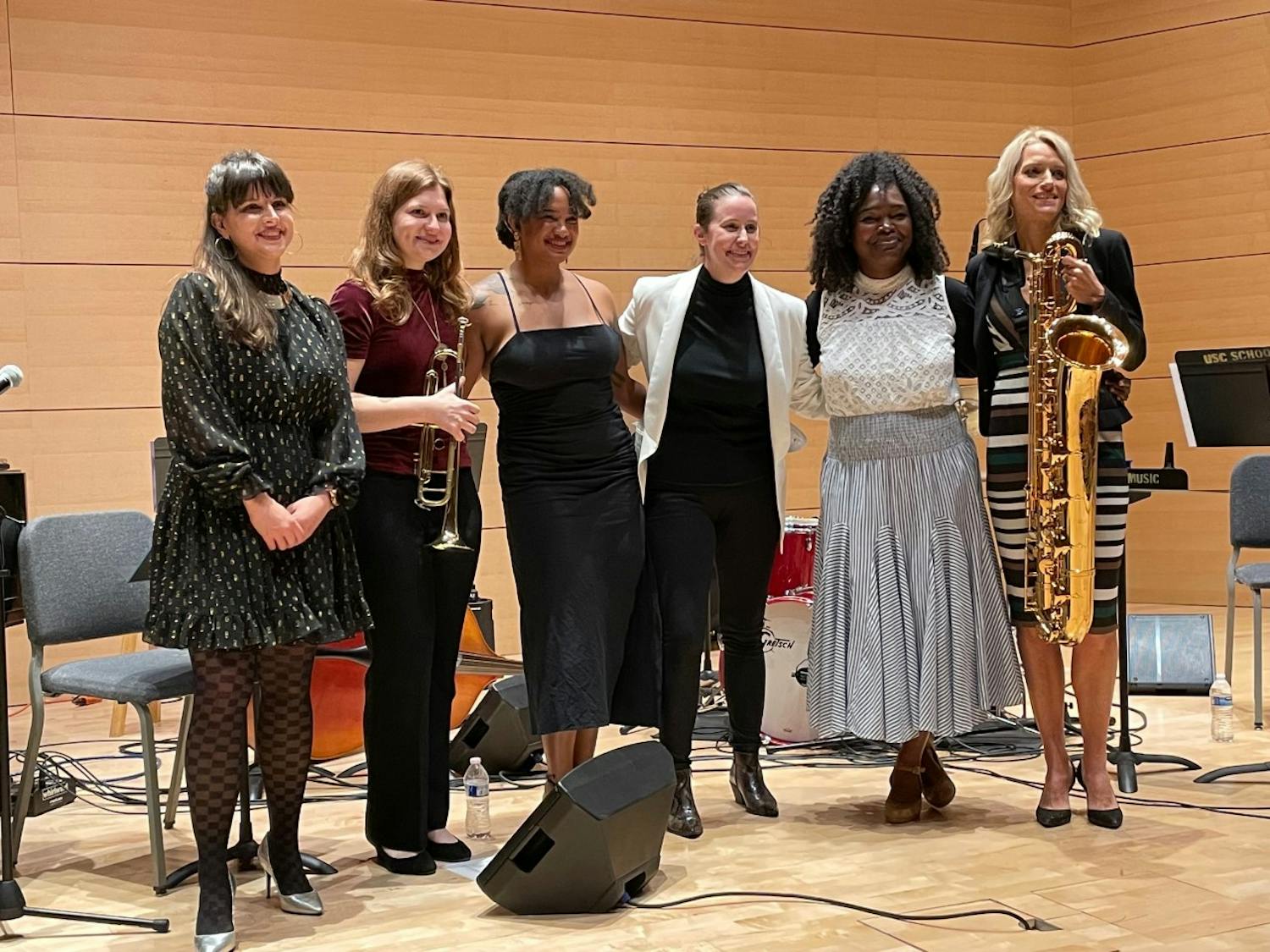 CC & The Adelitas members pictured after their live debut concert on Oct. 25, 2021, at the Darla Moore School of Business Johnson Performance Hall. The all-female, professor-led band represents intersectionality and embraces Mexican culture in jazz music.