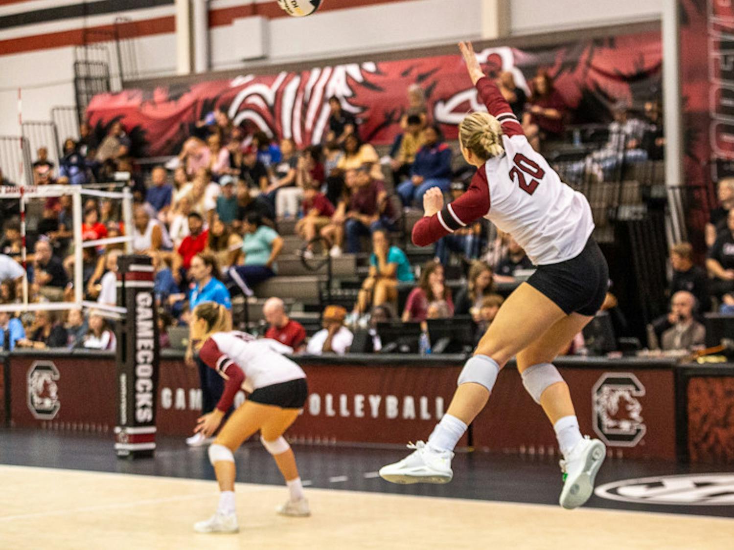 Junior outside hitter Riley Whitesides serves the ball at the South Carolina and Ole Miss matchup on Nov. 5, 2022. Ole Miss bested South Carolina 3-1.