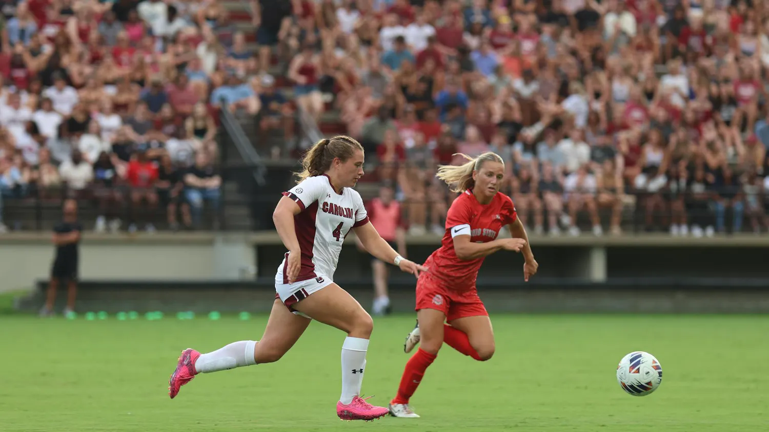 FILE — Sophomore forward Katie Shea Collins chases the ball downfield during the game against Ohio State at Eugene E. Stone III Stadium on Aug. 21, 2025.