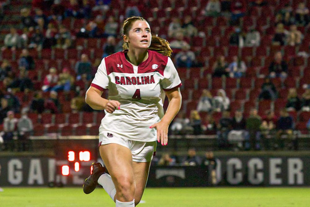<p>Freshman forward Shae O’Rourke watches as the ball drops onto the field during a matchup with Texas A&amp;M on Oct. 20, 2022. The Gamecocks tied with the Aggies 1-1.</p>