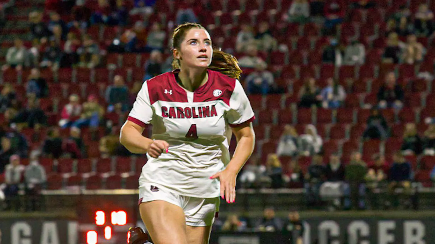 Freshman forward Shae O’Rourke watches as the ball drops onto the field during a matchup with Texas A&M on Oct. 20, 2022. The Gamecocks tied with the Aggies 1-1.