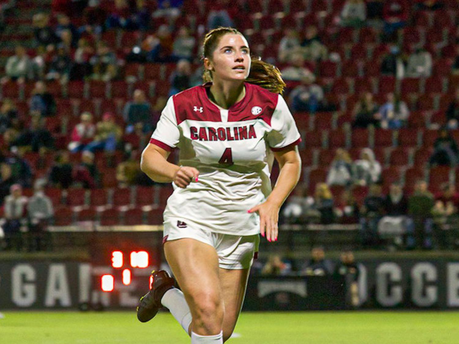 Freshman forward Shae O’Rourke watches as the ball drops onto the field during a matchup with Texas A&amp;M on Oct. 20, 2022. The Gamecocks tied with the Aggies 1-1.
