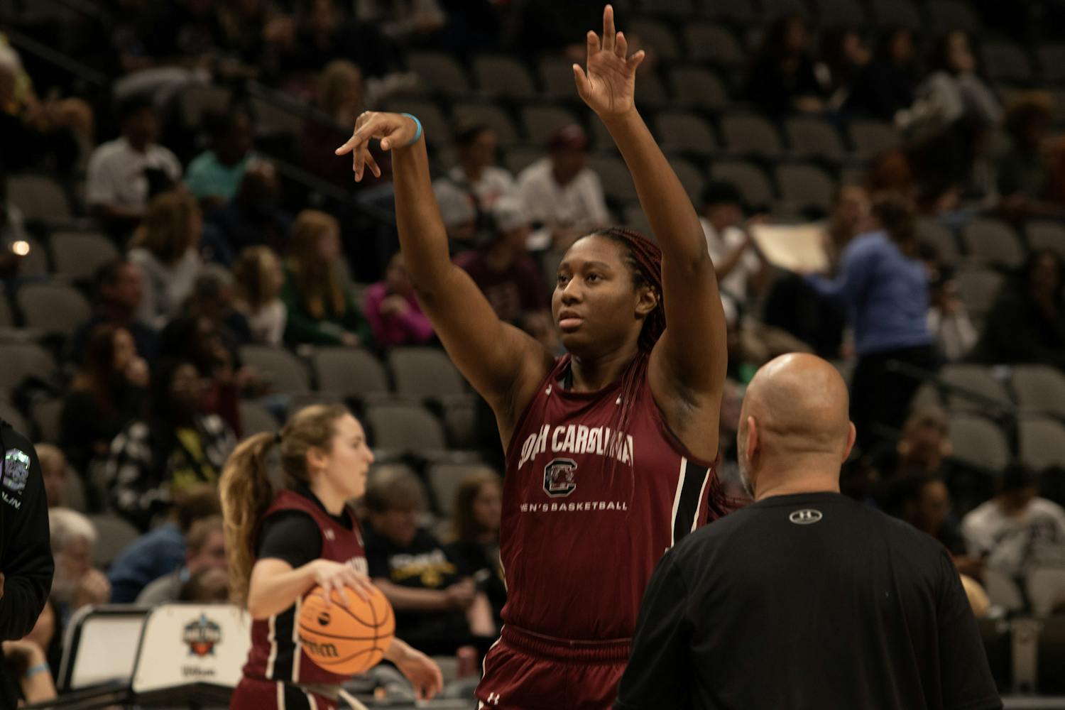 FILE - Senior forward Aliyah Boston takes a warmup shot during the Gamecocks' open practice at the Women’s Final Four match on March 31, 2023. Boston has been named the back-to-back winner of the Naismith Defensive Player of the Year award.