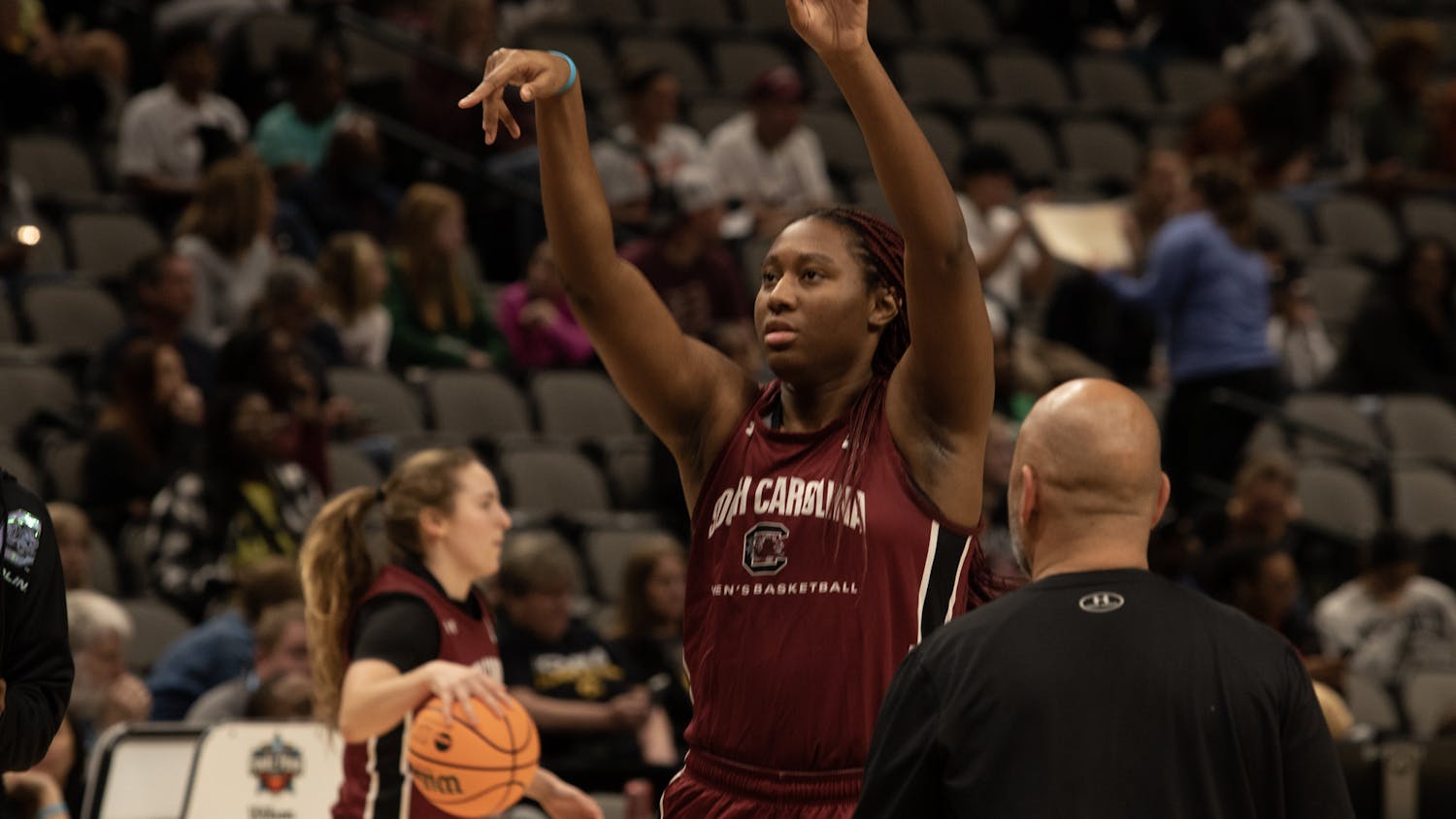 FILE - Senior forward Aliyah Boston takes a warmup shot during the Gamecocks' open practice at the Women’s Final Four match on March 31, 2023. Boston has been named the back-to-back winner of the Naismith Defensive Player of the Year award.
