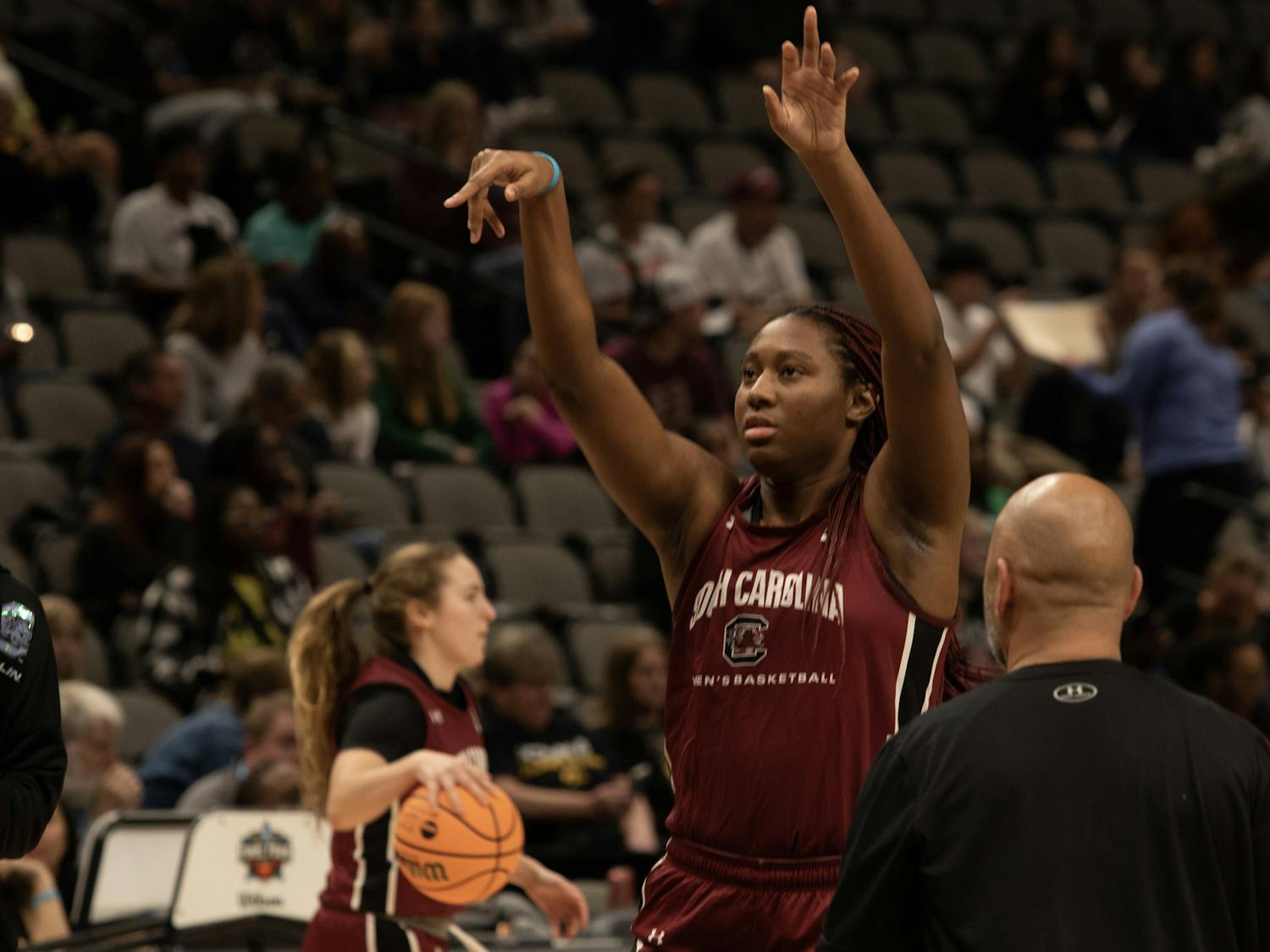 FILE - Senior forward Aliyah Boston takes a warmup shot during the Gamecocks' open practice at the Women’s Final Four match on March 31, 2023. Boston has been named the back-to-back winner of the Naismith Defensive Player of the Year award.
