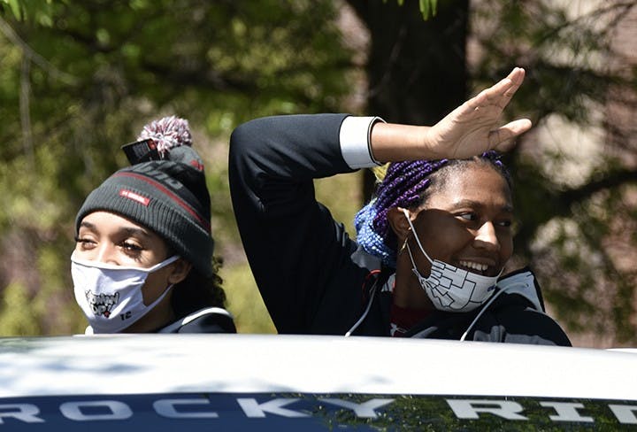 Sophomore forward Aliyah Boston and sophomore guard Brea Beal smile and wave at South Carolina women’s basketball fans.