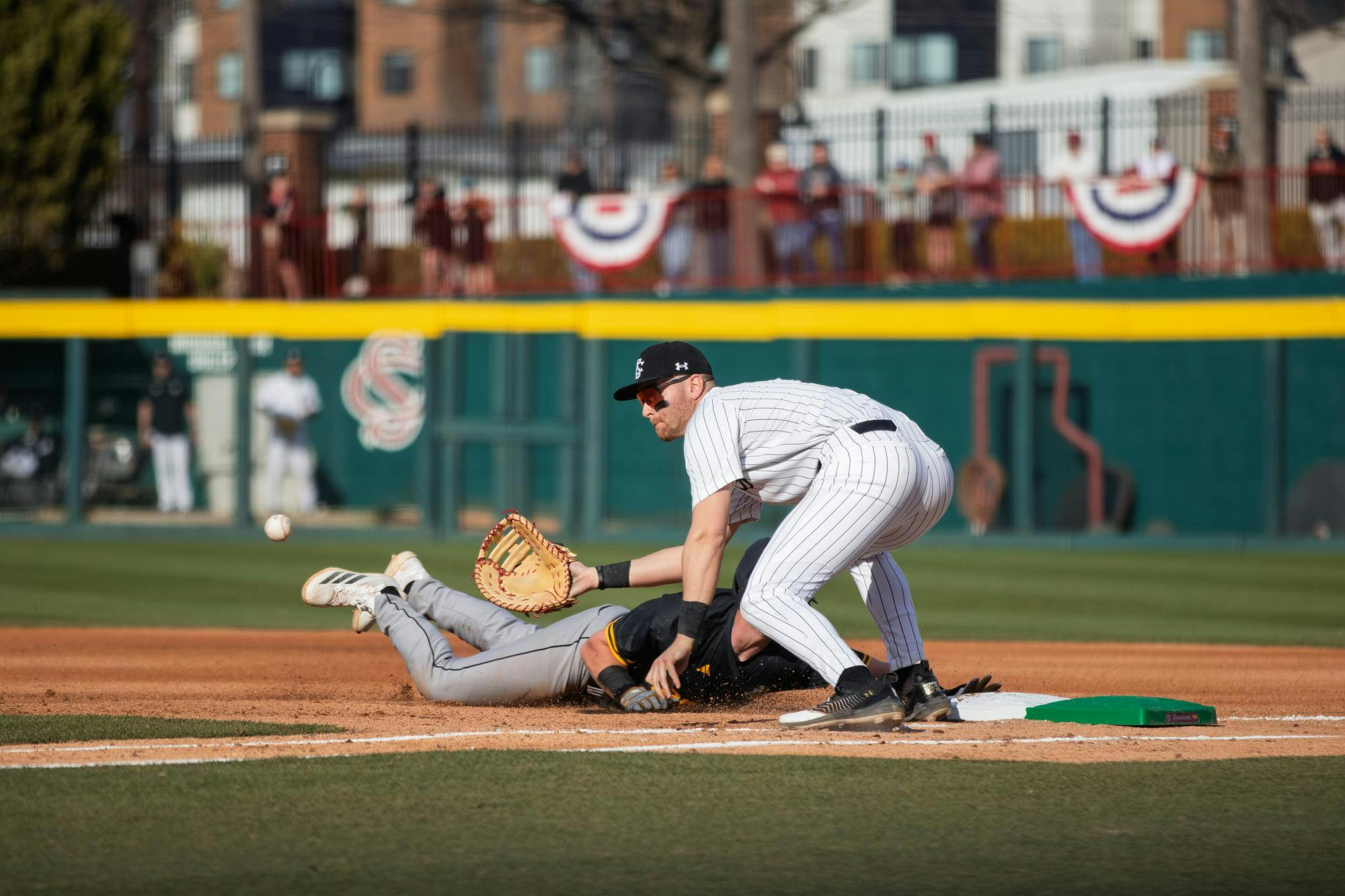 Sophomore first baseman Beau Hollins getting in position for a pick-off attempt during a game against Northern Kentucky on Feb. 14, 2026, at Founders Park. Hollins had a hit and a walk in the game.