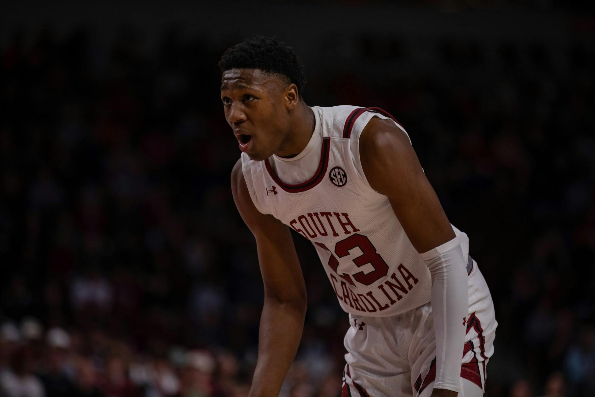 Freshman forward GG Jackson cheers on his teammates as they line up along the free-throw line during their match against Clemson Nov. 11, 2022. The Gamecocks defeated the Tigers 60-58.