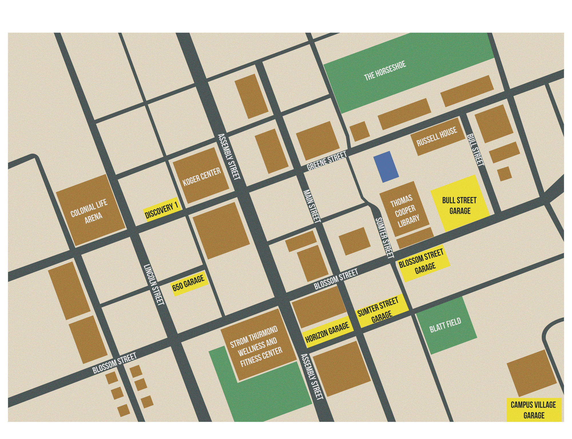 A map highlighting the various parking garages on campus.